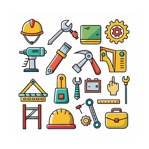 Ilustración vectorial del conjunto de iconos de construcción y herramientas