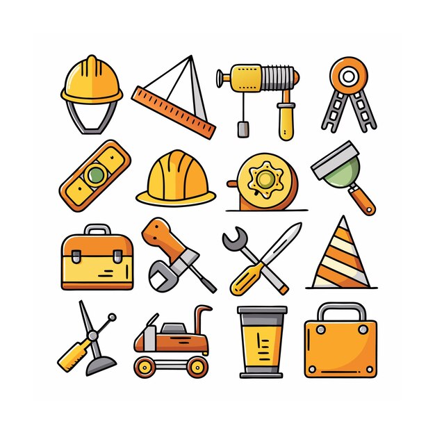 Ilustración vectorial del conjunto de iconos de construcción y herramientas