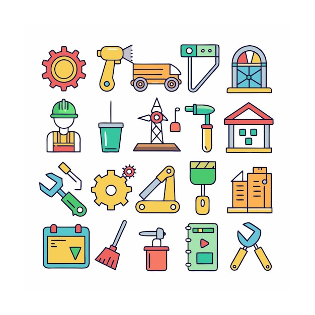 Ilustración vectorial del conjunto de iconos de construcción y herramientas