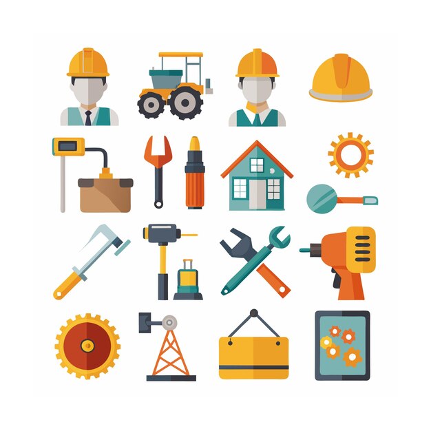 Ilustración vectorial del conjunto de iconos de construcción y herramientas