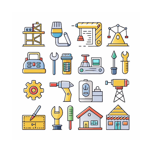 Ilustración vectorial del conjunto de iconos de construcción y herramientas