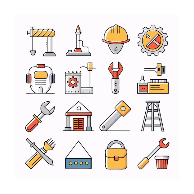 Ilustración vectorial del conjunto de iconos de construcción y herramientas