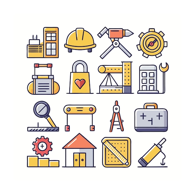 Ilustración vectorial del conjunto de iconos de construcción y herramientas