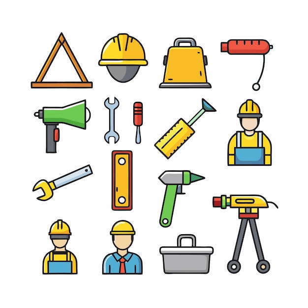 Ilustración vectorial del conjunto de iconos de construcción y herramientas