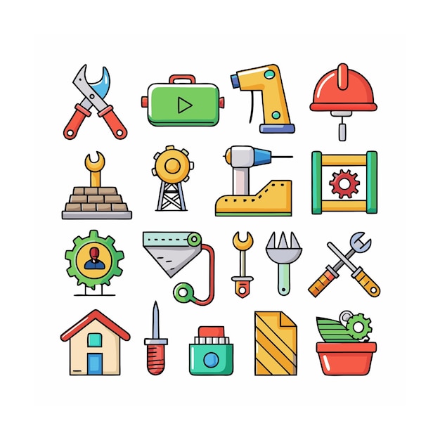 Ilustración vectorial del conjunto de iconos de construcción y herramientas