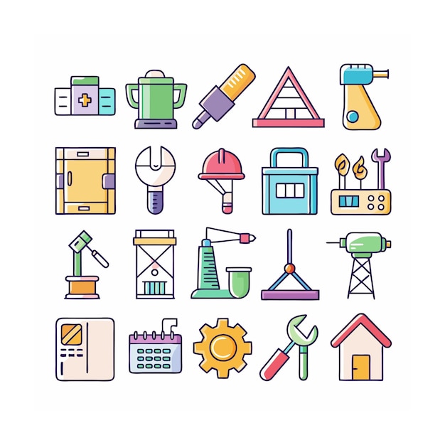 Ilustración vectorial del conjunto de iconos de construcción y herramientas