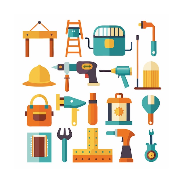Ilustración vectorial del conjunto de iconos de construcción y herramientas