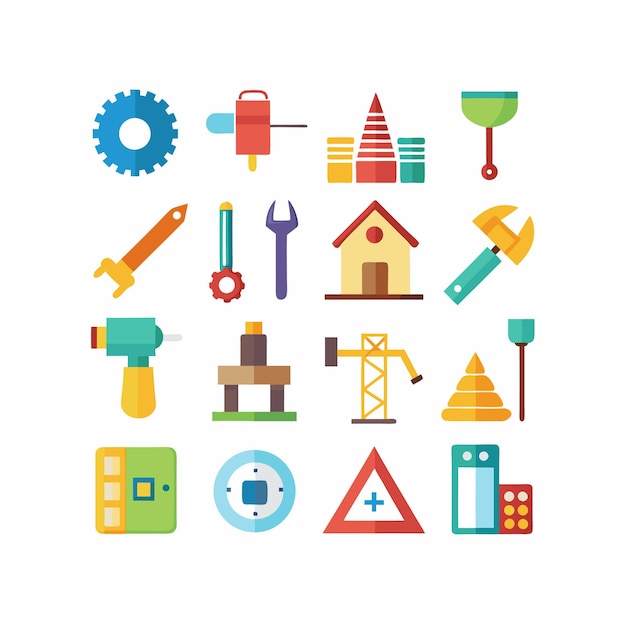 Ilustración vectorial del conjunto de iconos de construcción y herramientas