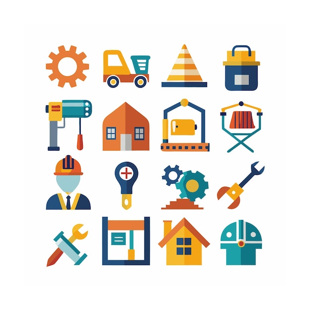Ilustración vectorial del conjunto de iconos de construcción y herramientas