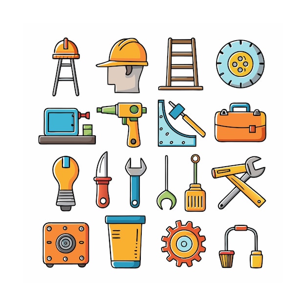 Ilustración vectorial del conjunto de iconos de construcción y herramientas