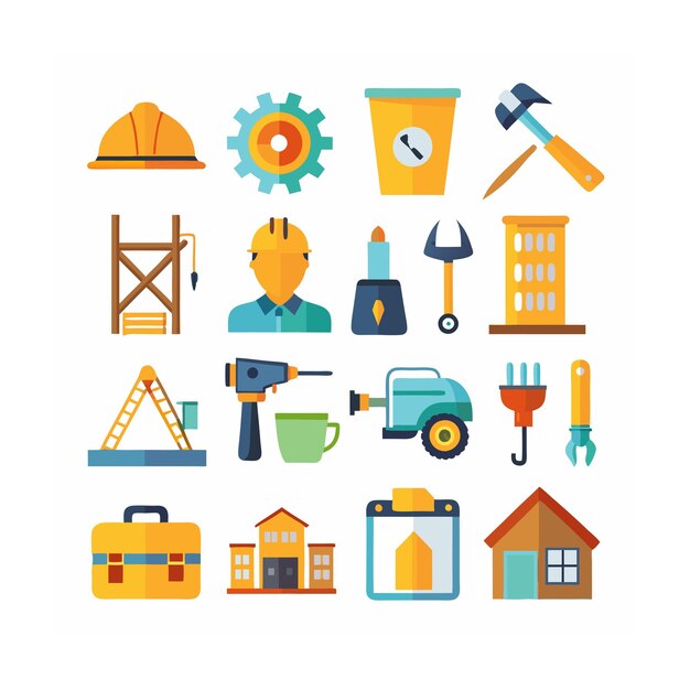 Ilustración vectorial del conjunto de iconos de construcción y herramientas