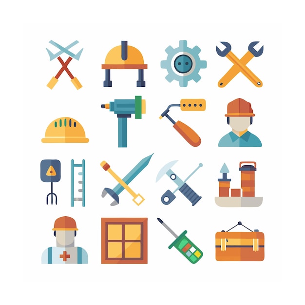 Ilustración vectorial del conjunto de iconos de construcción y herramientas