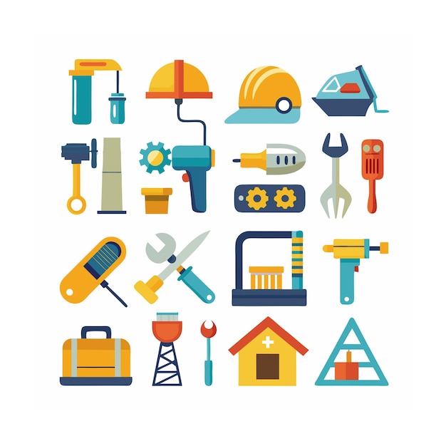 Ilustración vectorial del conjunto de iconos de construcción y herramientas