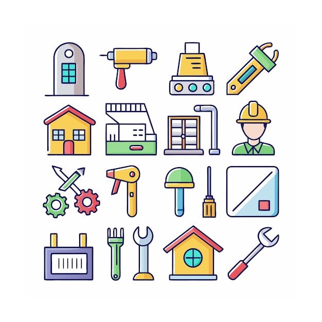 Ilustración vectorial del conjunto de iconos de construcción y herramientas