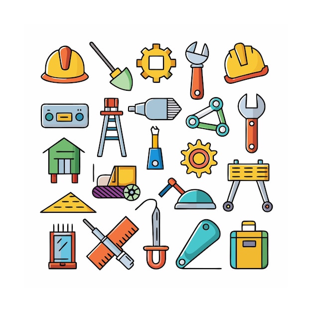 Ilustración vectorial del conjunto de iconos de construcción y herramientas
