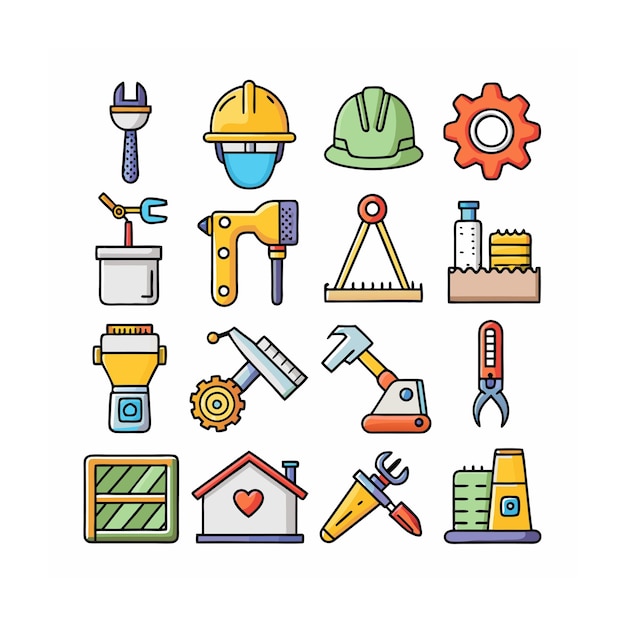 Ilustración vectorial del conjunto de iconos de construcción y herramientas
