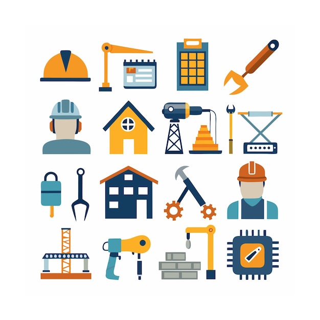Ilustración vectorial del conjunto de iconos de construcción y herramientas