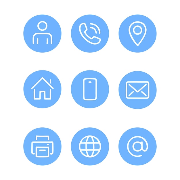 Una ilustración vectorial del conjunto de iconos de contacto azul