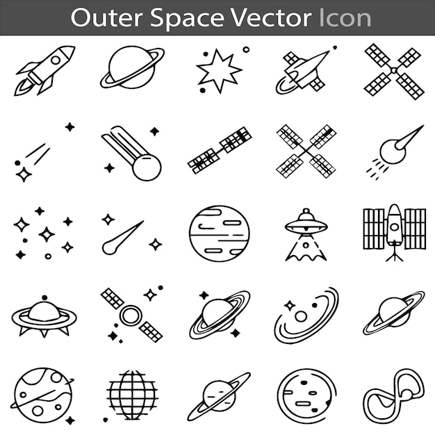 Ilustración vectorial del conjunto de iconos de contorno plano del espacio exterior
