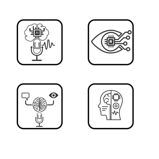 Ilustración vectorial Conjunto de íconos de interfaz neuronal y cerebro de IA mínima