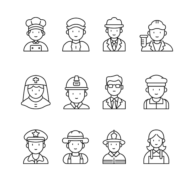Ilustración vectorial Conjunto de íconos lineales de diversas profesiones
