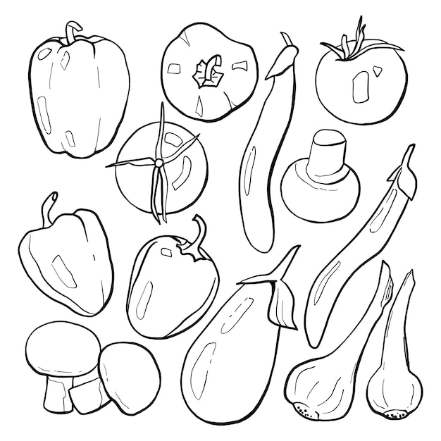 Ilustración vectorial del conjunto de iconos de líneas de verduras en contorno negro aislado en fondo blanco