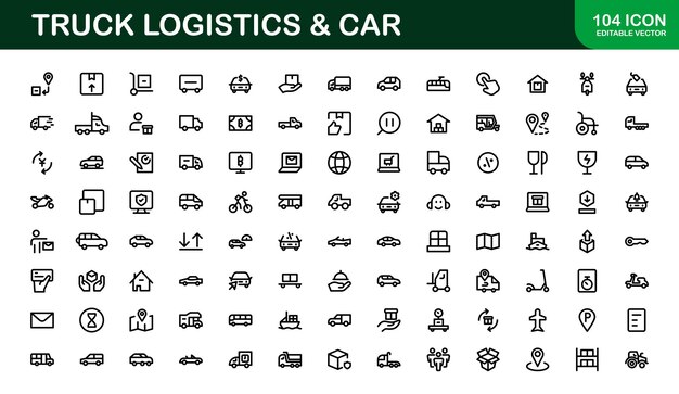 Ilustración vectorial del conjunto de iconos de logística de camiones profesionales y automóviles con transporte esencial