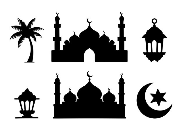 Una ilustración vectorial de un conjunto de iconos de Ramadán de estilo silueta simple