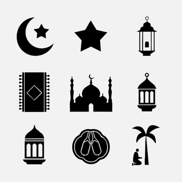 Una ilustración vectorial de un conjunto de iconos de Ramadán de estilo silueta simple