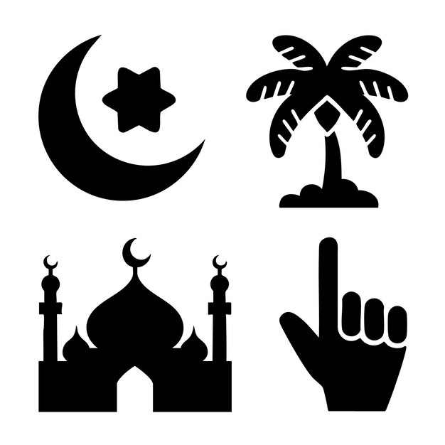 Una ilustración vectorial de un conjunto de iconos de Ramadán de estilo silueta simple