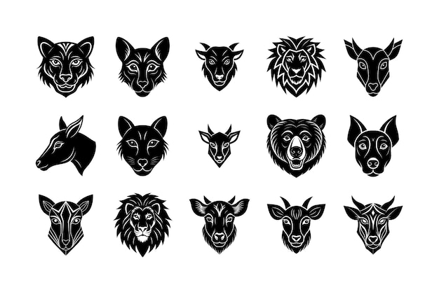 Ilustración vectorial del conjunto de iconos de silueta negra de cabezas de animales