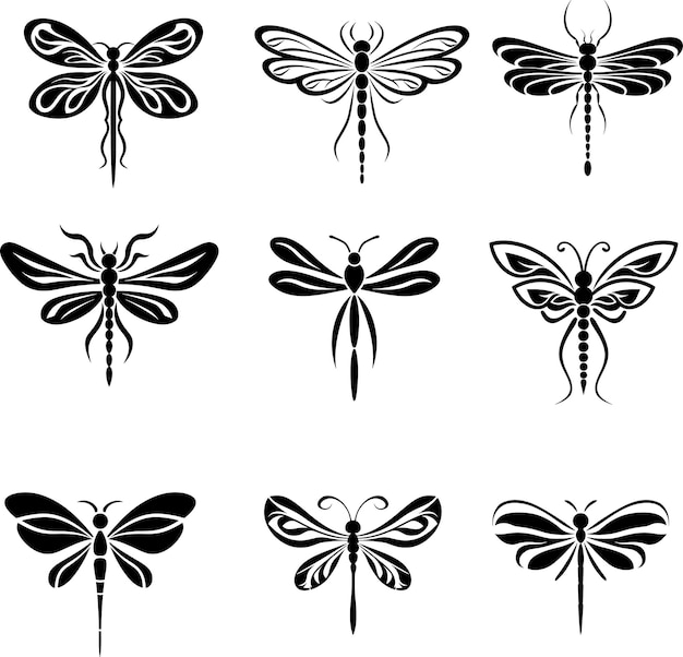 Ilustración vectorial del conjunto de logotipos de silueta de libélula