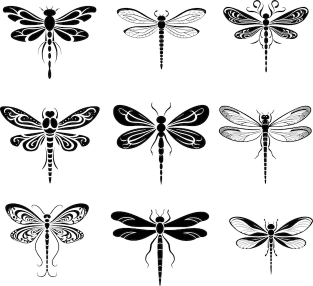 Ilustración vectorial del conjunto de logotipos de silueta de libélula