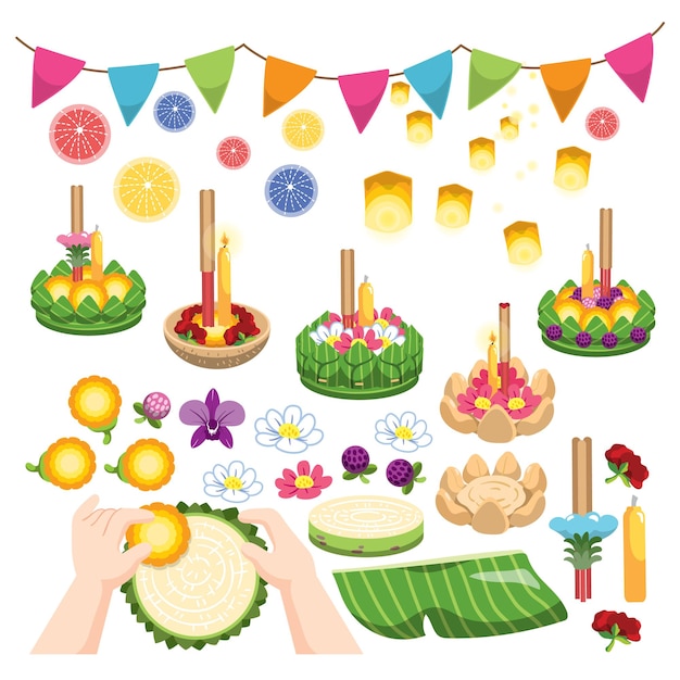 Ilustración vectorial del conjunto de Loy Krathong DIY Krathong aislar fondo blanco