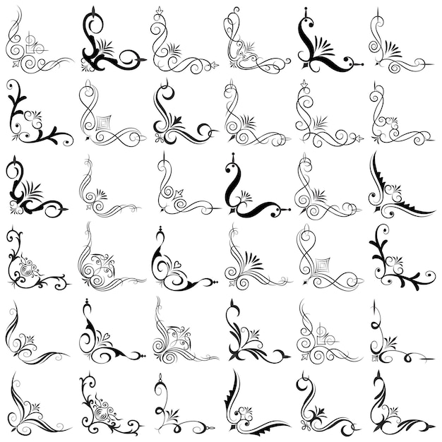 Ilustración vectorial de un conjunto de marcos de esquina decorativos Dibujo a mano de las esquinas Diferentes formas Flor