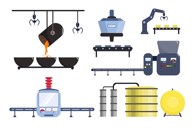 Vector ilustración vectorial de un conjunto de mecanismos robóticos de estilo dibujos animados equipamiento para una fábrica para la fabricación de varios productos aislados sobre un fondo blanco