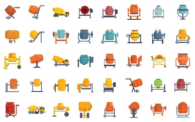 Ilustración vectorial del conjunto de mezcladores de hormigón utilizados para mezclar cemento durante las obras de construcción