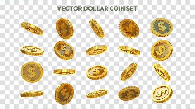 Ilustración vectorial de un conjunto de monedas de oro de dólares estadounidenses abstractas en diferentes ángulos y orientaciones