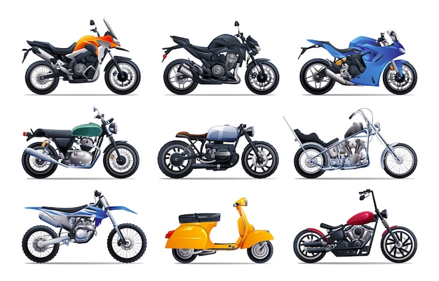 Ilustración vectorial de un conjunto de motocicletas Colección de motocicletas en varios tipos