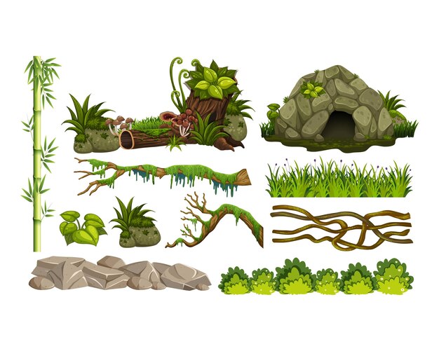 Ilustración vectorial del conjunto de objetos de la selva