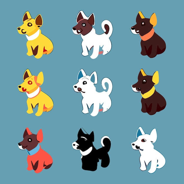 Ilustración vectorial conjunto de pegatinas de diseño de personajes de perros perros divertidos estilo de dibujos animados Arte