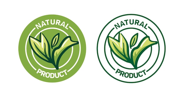 Ilustración vectorial de un conjunto de pegatinas de productos naturales en estilo boceto hojas verdes de plantas ecológicas