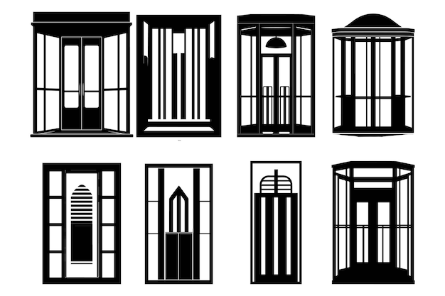 Ilustración vectorial de un conjunto de puertas y ventanas en la ciudad