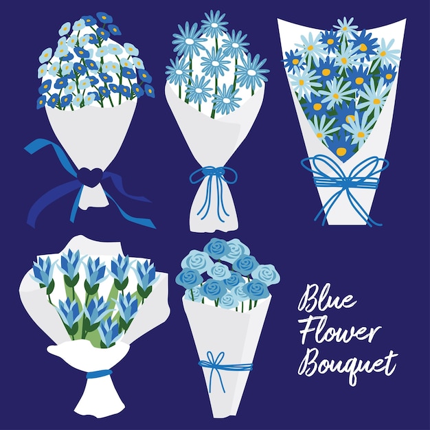 Ilustración vectorial de un conjunto de ramos de flores azules