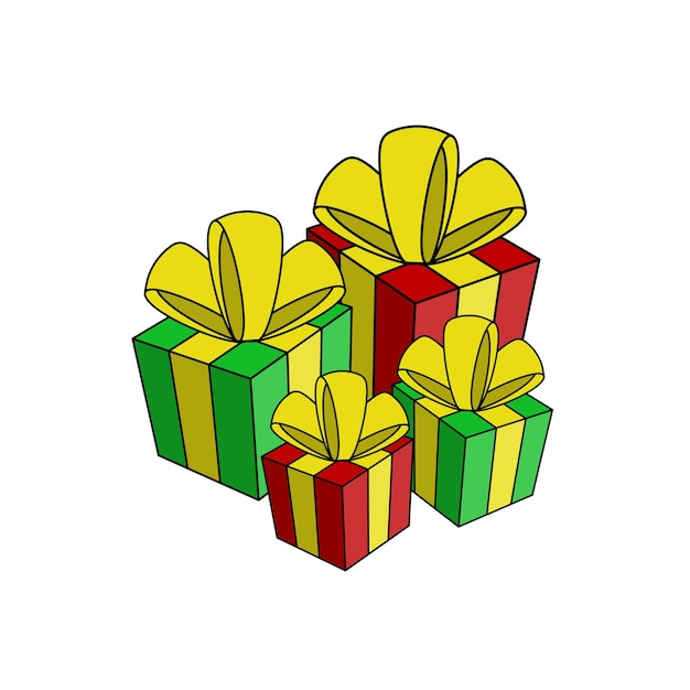 Ilustración vectorial de un conjunto de regalos de Navidad en papel de embalaje rojo y verde con arcos amarillos