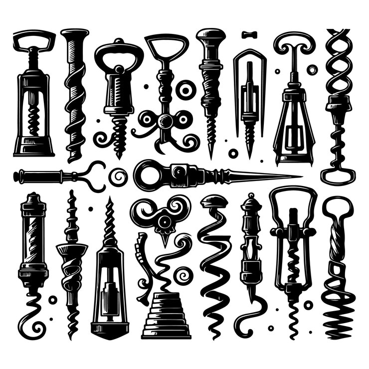 Vector ilustración vectorial de conjunto de siluetas negras de varios sacacorchos