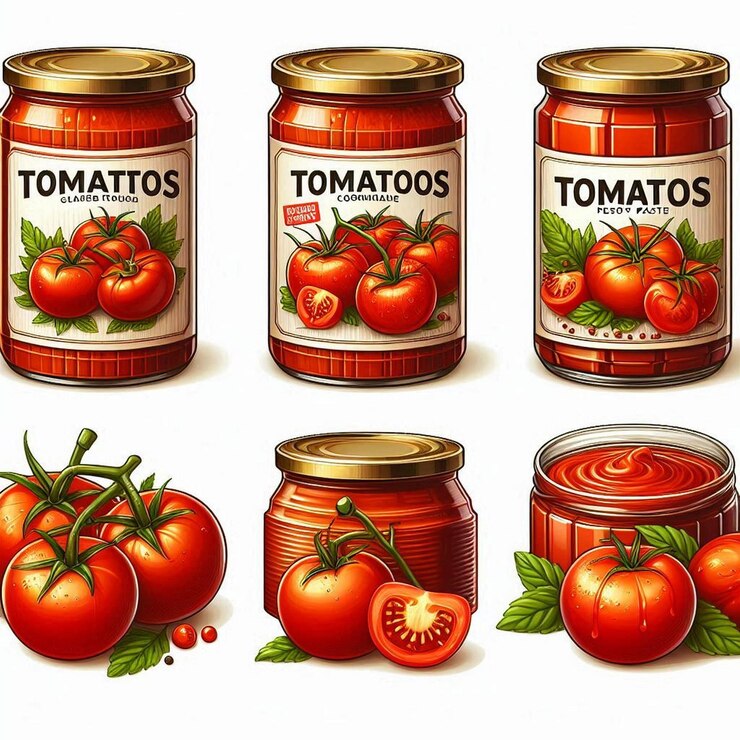 Vector ilustración vectorial del conjunto de tomates enlatados y pasta fresca