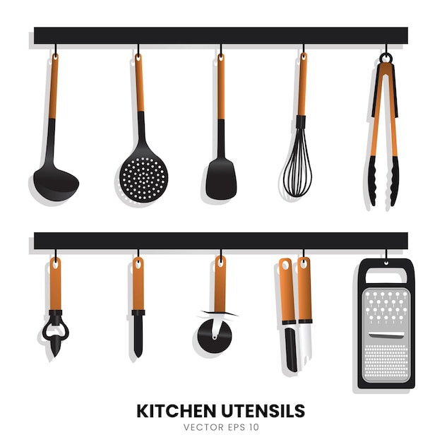 Ilustración vectorial Conjunto de utensilios de cocina para uso en la cocina utensilios de cocina con algas de madera colgando cuidadosamente