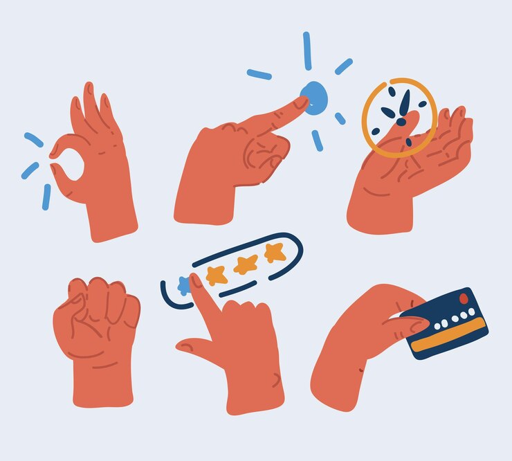 Vector ilustración vectorial de un conjunto de varias manos ok pulse el botón pantalla táctil reloj calificación de tarjeta de crédito estrellas puño
