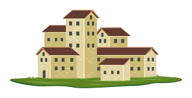 Ilustración vectorial de la construcción de la aldea aislada en fondo blanco